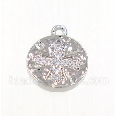 copper button cross pendant pave zircon, platinum plated