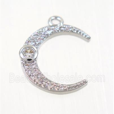 copper crescent moon pendant pave zircon, platinum plated