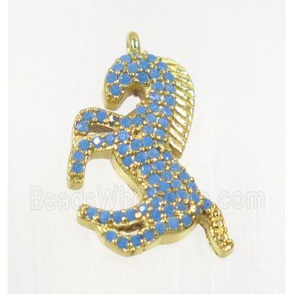 copper seahorse pendant pave zircon, gold plated, turq