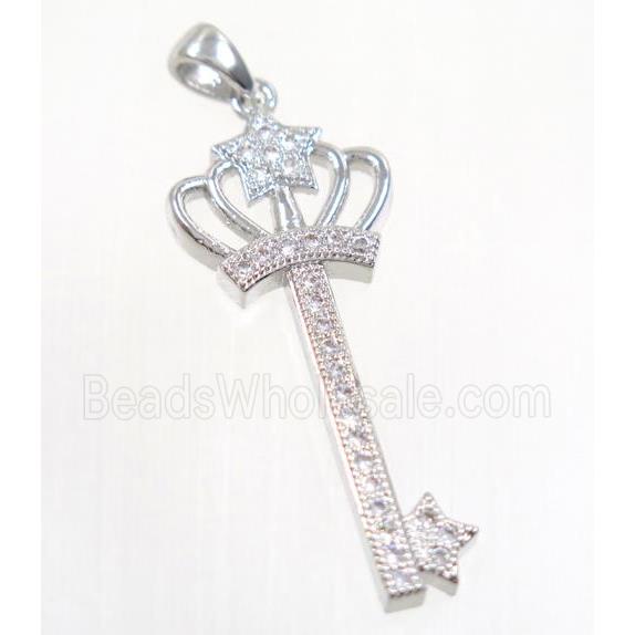 copper crown key pendant pave zircon, platinum plated