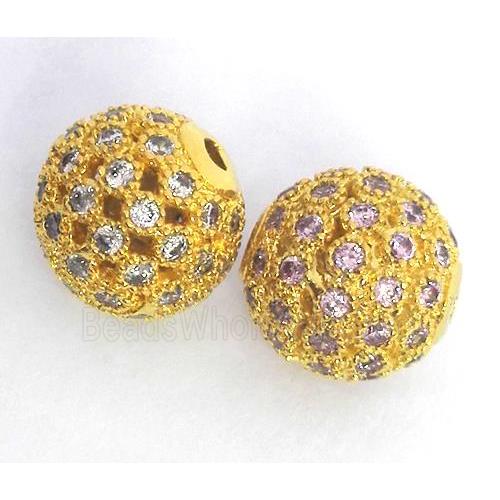 copper bead paved pink zircon, round, gold plated