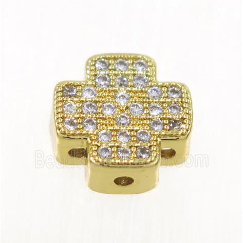 copper cross beads paved zircon, gold plated