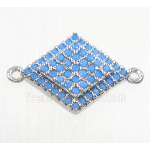 copper rhombic connector paved zircon, platinum plated, turq