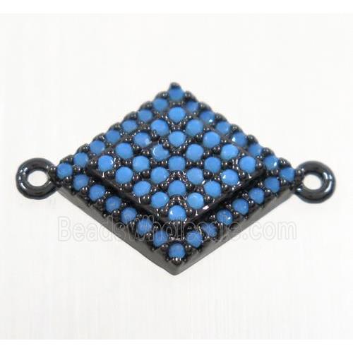 copper rhombic connector paved zircon, black plated, turq