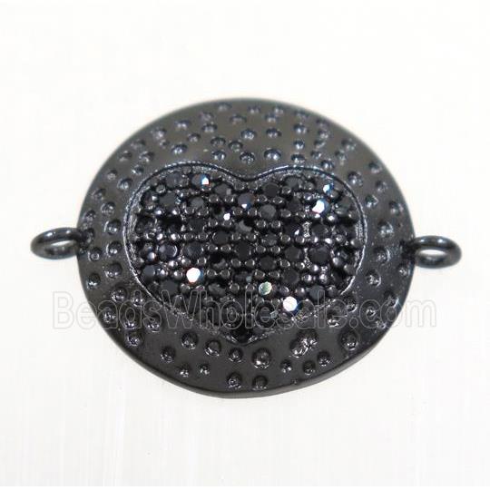 copper button heart connector paved zircon, black plated