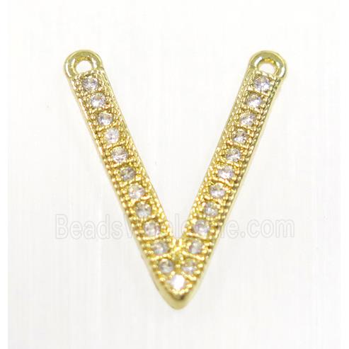 copper V pendant paved zircon with 2loops, gold plated