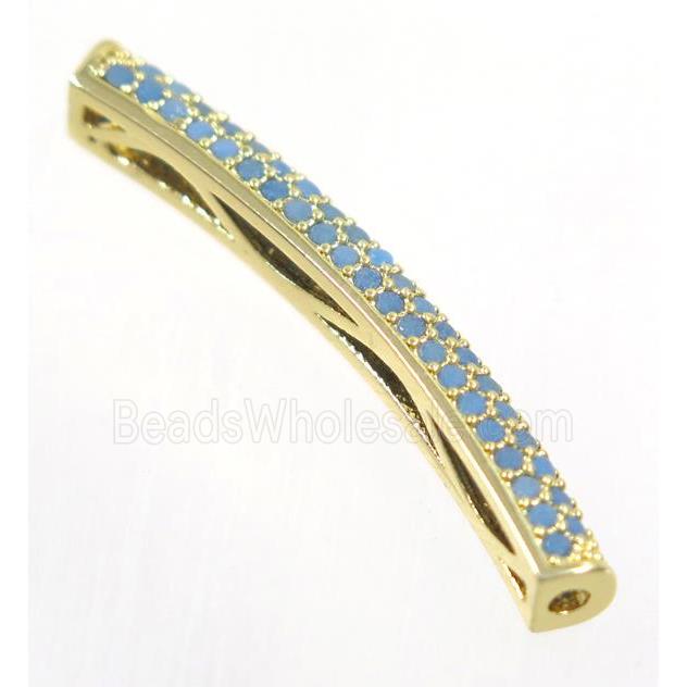 curving copper tube beads paved zircon, gold plated, turq