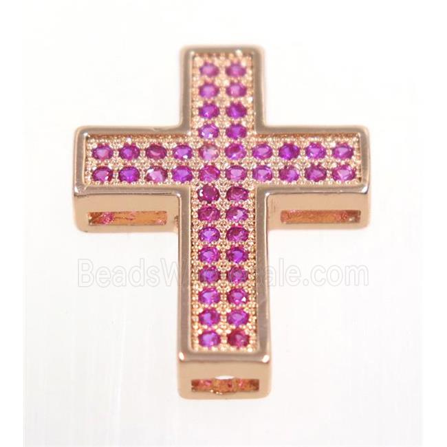 copper Cross beads paved hotpink zircon, rose gold