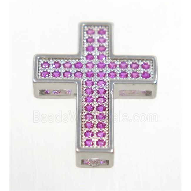 copper Cross beads paved hotpink zircon, platinum plated