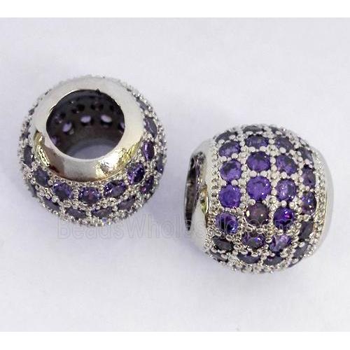 Copper bead paved zircon, round, platinum plated