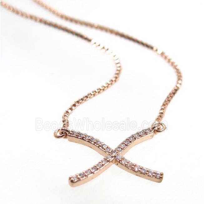 copper X necklace pave zircon, rose gold