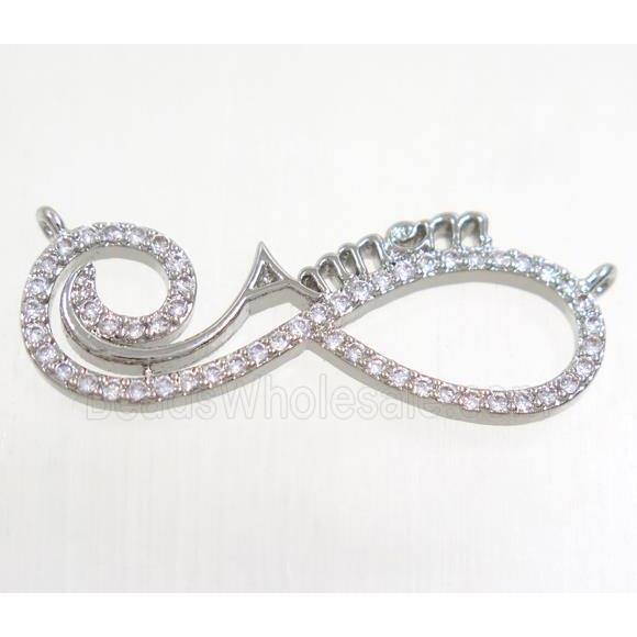 copper pendant paved zircon with 2loops, infinity, platinum plated