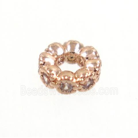copper rondelle beads paved zircon, rose gold