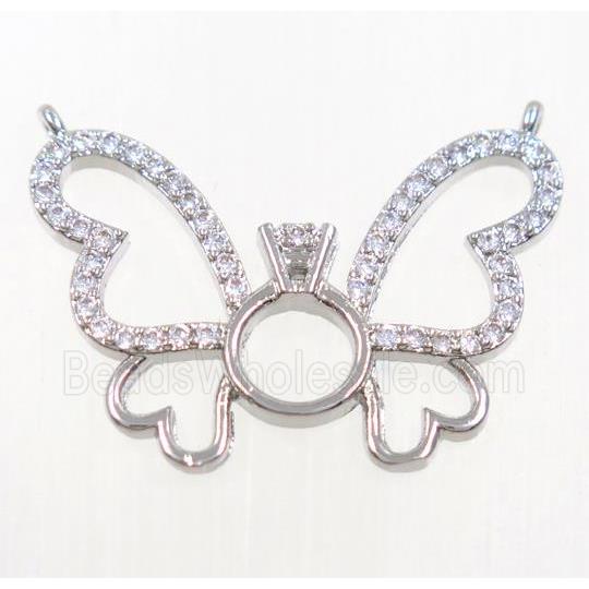 copper butterfly pendant paved zircon with 2loops, platinum plated