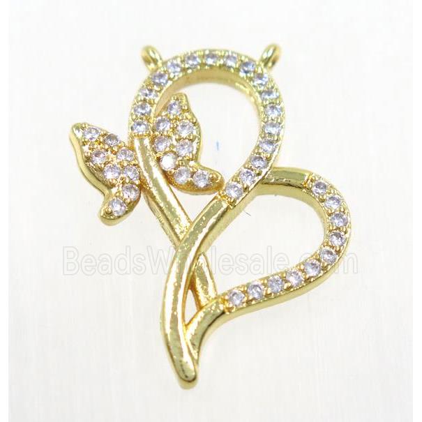 copper pendant paved zircon with butterfly, gold plated