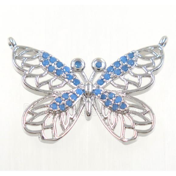 copper butterfly pendant paved zircon with 2loops, platinum plated