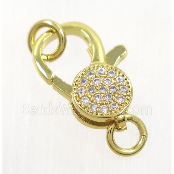 copper Lobster Clasp pave zircon, gold plated