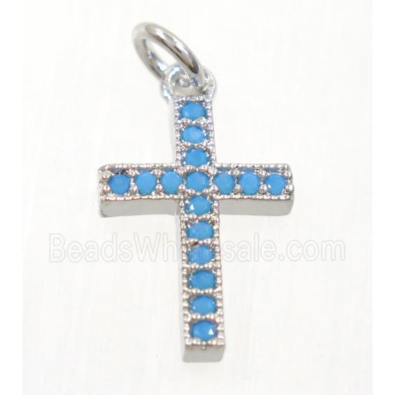 copper cross pendant paved zircon, platinum plated, turq