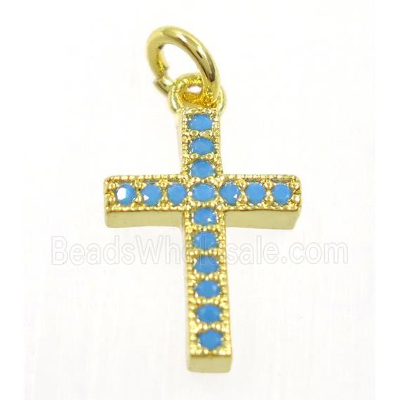 copper cross pendant paved zircon, gold plated, turq