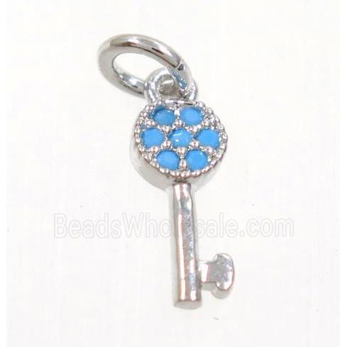 copper Key pendant paved zircon, platinum plated, turq