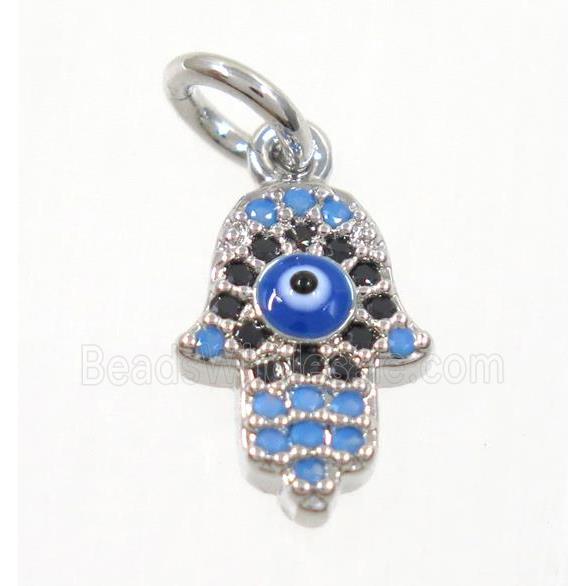 copper Hamsahand pendant paved zircon with evil eye, platinum plated