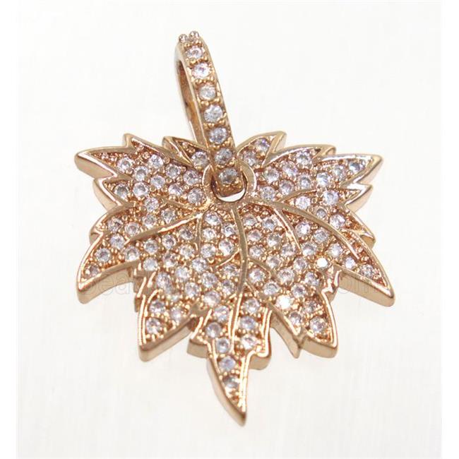 copper Maple Leaf pendant paved zircon, rose gold