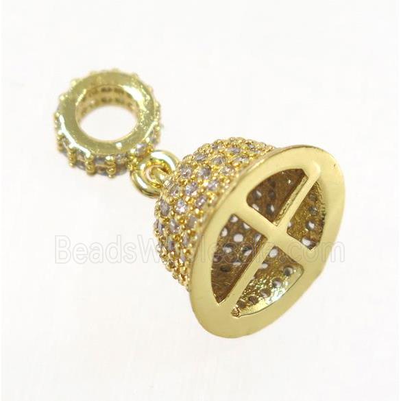 copper Bell pendant paved zircon, tassel bail, gold plated