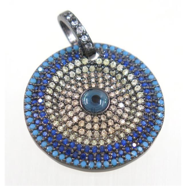 copper circle pendant paved zircon with evil eye, black plated