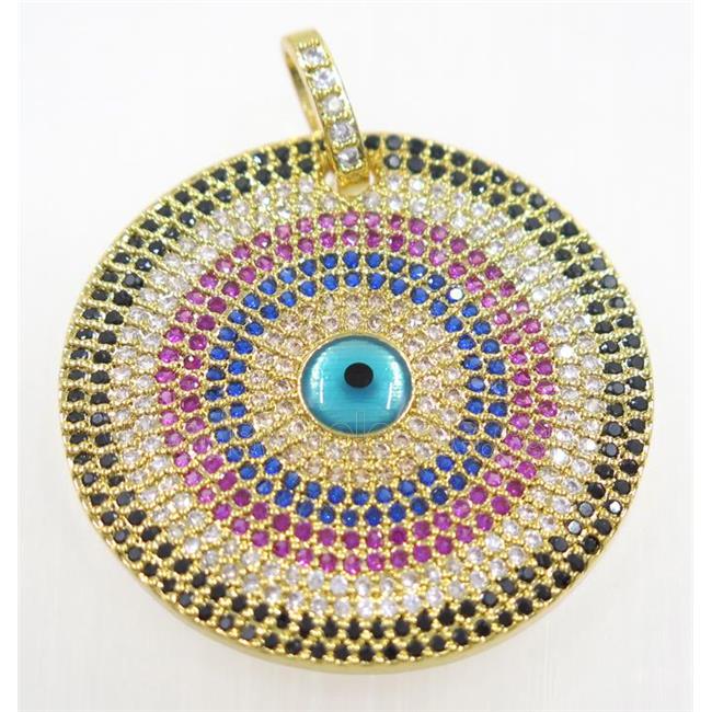 copper circle pendant paved zircon with evil eye, gold plated