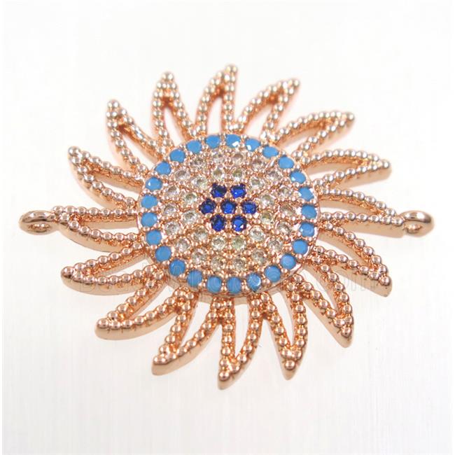 copper sunflower connector paved zircon, rose plated