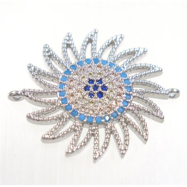 copper sunflower connector paved zircon, platinum plated