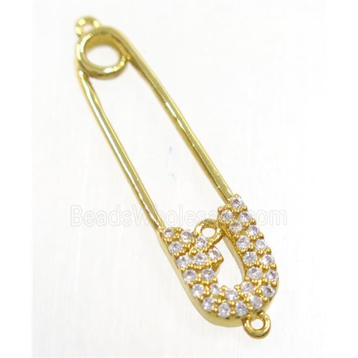 copper safety pin connector paved zircon, gold plated