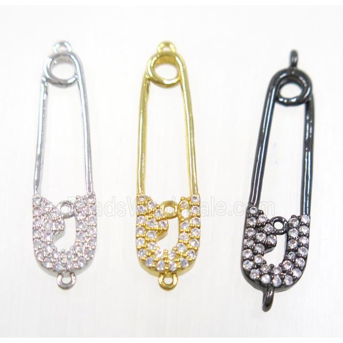 copper safety pin connector paved zircon, mix color