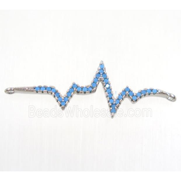 copper cardiogram connector paved zircon, platinum plated, turq