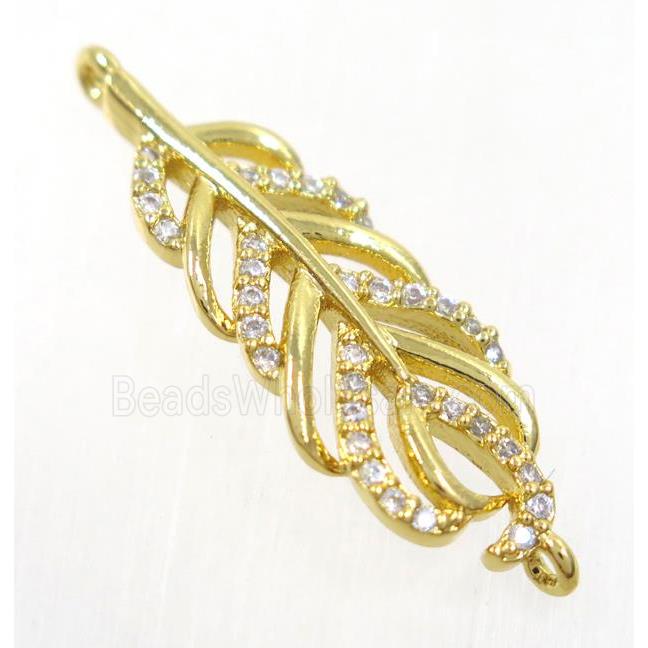 copper feather connector paved zircon, gold plated