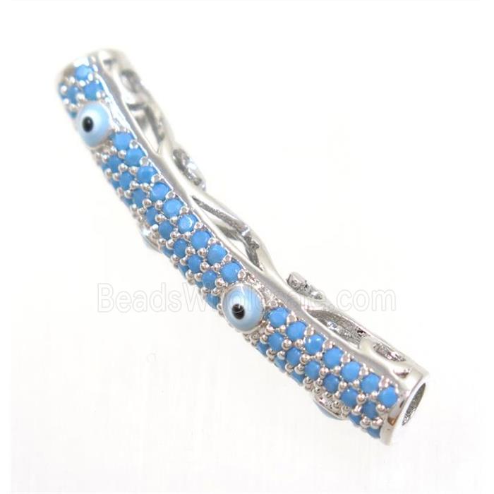 copper tube beads paved zircon with evil eye, turq, platinum plated