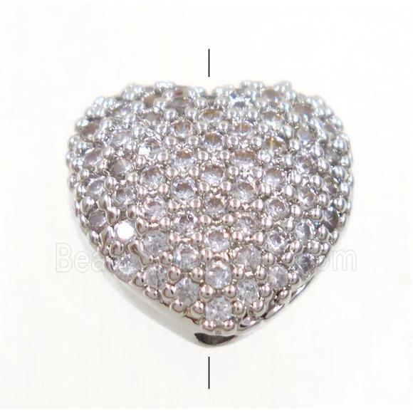 copper heart beads paved zircon, platinum plated