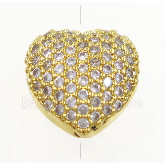 copper heart beads paved zircon, gold plated