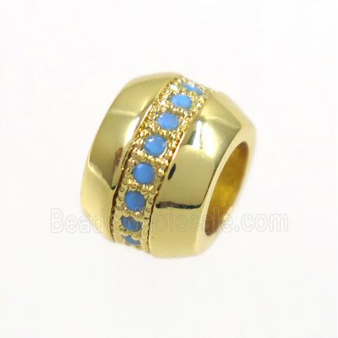 copper rondelle beads paved zircon, turq, gold plated