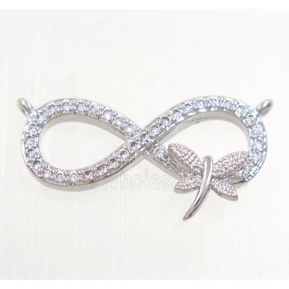 copper infinity pendant paved zircon with 2loops, dragonfly, platinum plated