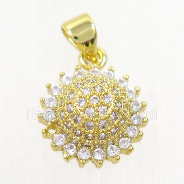 copper sun pendant paved zircon, gold plated