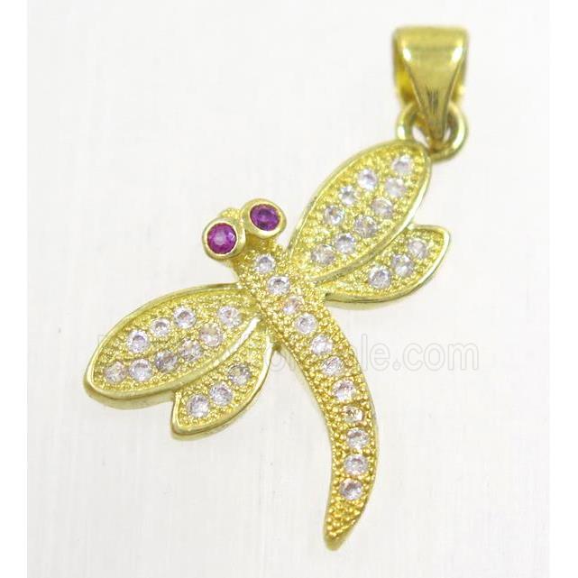 copper dragonfly pendant paved zircon, gold plated