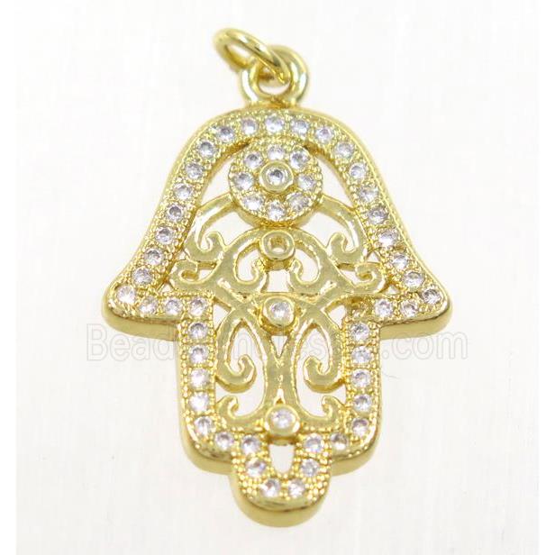 copper hamsahand pendant paved zircon, gold plated
