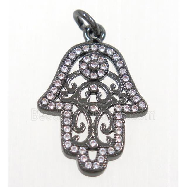 copper hamsahand pendant paved zircon, black plated