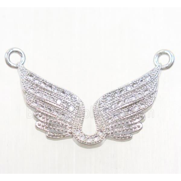 copper angel wing pendant paved zircon with 2loops, platinum plated