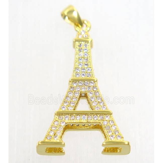 copper Eiffel Tower pendant paved zircon, gold plated