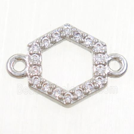 copper hexagon connector paved zircon, platinum plated