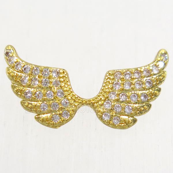 copper angel wing pendant paved zircon with 2loops, gold plated