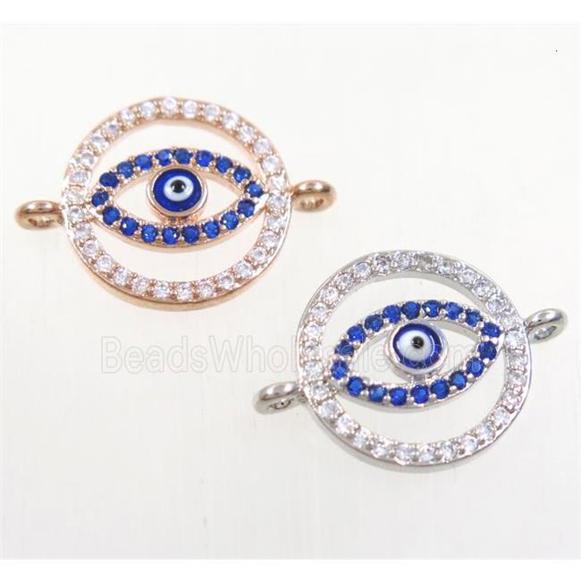 copper circle connector paved zircon with evil eye, mix color