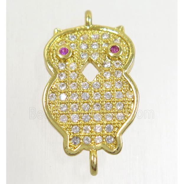 copper owl connector paved zircon, gold plated